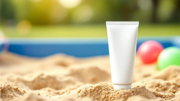 A tube of baby cream in a sandbox surrounded by toys. The concept of protecting and caring for the skin of babies while playing outdoors on a summer day.