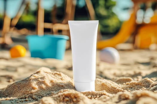 A tube of baby cream in a sandbox surrounded by toys. The concept of protecting and caring for the skin of babies while playing outdoors on a summer day.