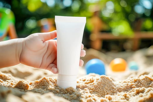 A tube of baby cream in a sandbox surrounded by toys. The concept of protecting and caring for the skin of babies while playing outdoors on a summer day.