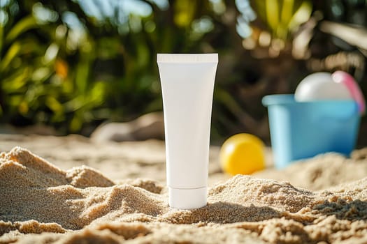 A tube of baby cream in a sandbox surrounded by toys. The concept of protecting and caring for the skin of babies while playing outdoors on a summer day.