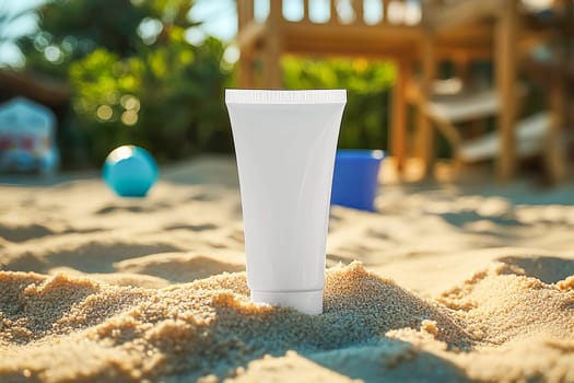 A tube of baby cream in a sandbox surrounded by toys. The concept of protecting and caring for the skin of babies while playing outdoors on a summer day.