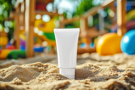 A tube of baby cream in a sandbox surrounded by toys. The concept of protecting and caring for the skin of babies while playing outdoors on a summer day.