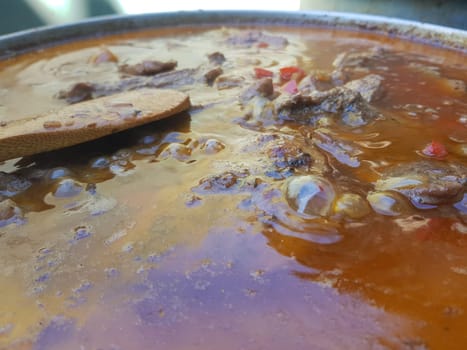 Close-up of bubbling beef stew with meat, vegetables, and rich broth in a pot. A wooden spoon rests in the liquid, showing the simmering cooking process. Rustic outdoor setting highlights traditional comfort food.