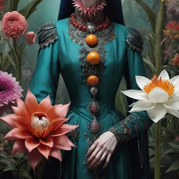 woman with flowers surrealism art green alt illustration . High quality illustration