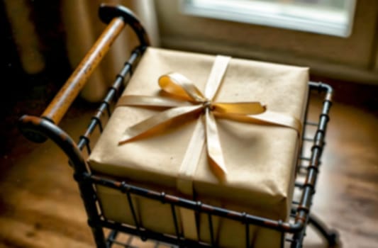 Wrapped present sits on a rustic cart, bathed in natural light from a nearby window, enhancing the warm atmosphere.. Blurred picture