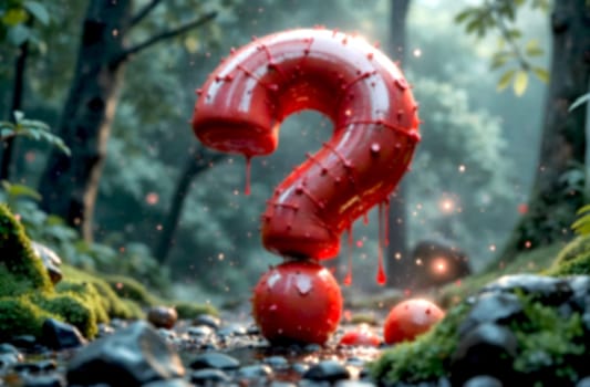 A striking red question mark sculpture stands in a foggy forest, surrounded by lush greenery and rocky terrain.. Blurred picture