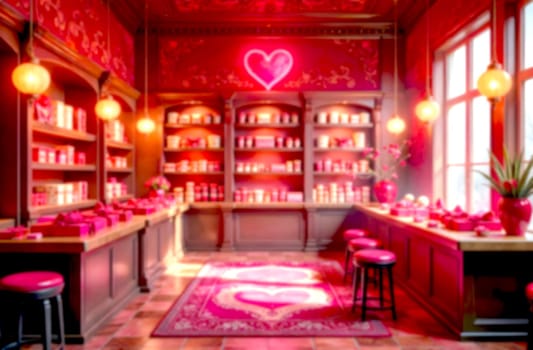 A cozy shop features bright red decorations and heart motifs, perfectly set up for Valentine's Day shopping.. Blurred picture