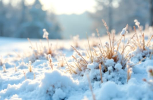 Frost-covered grass peeks through a blanket of soft snow in a serene winter landscape illuminated by gentle morning light. Blurred picture