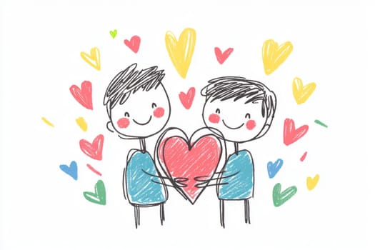 Two homosexual man in love holding a heart in their hands. Valentine's day. A drawing made by a kid's hand