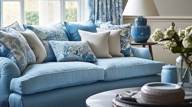 Elegant cottage or country house room, blue colour interior design and home decor, furniture and soft furnishing fabric and upholstery, English countryside style idea