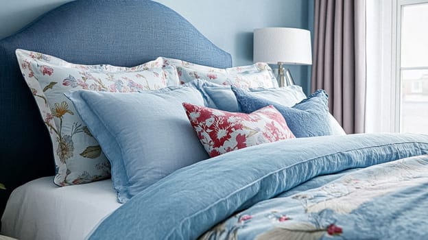 Elegant cottage or country house room, blue colour interior design and home decor, furniture and soft furnishing fabric and upholstery, English countryside style idea