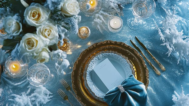 Grand magical winter wedding reception adorned with luxurious decorfation and illumination, creating an enchanting and romantic setting