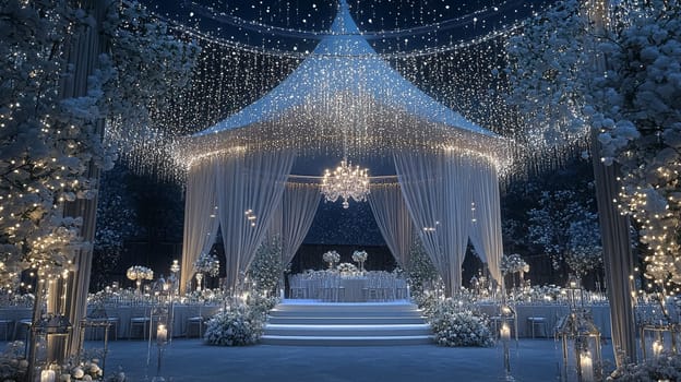 Grand magical winter wedding reception adorned with luxurious decorfation and illumination, creating an enchanting and romantic setting