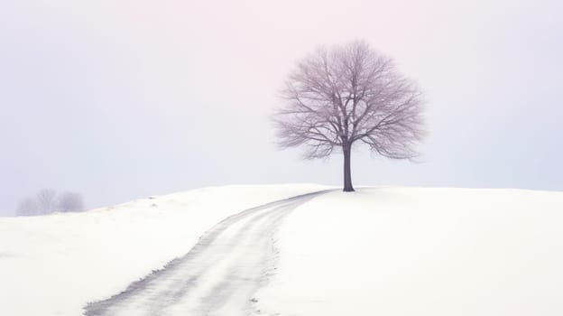 Lone lonely tree in winter snow and lake solitude, minimalist. Generative AI image weber.