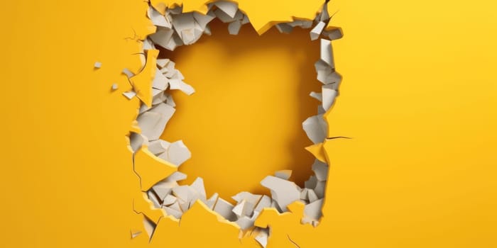 Breaking out of a hole in solid Yellow wall, torn hole, empty copy space frame, mockup. Generative AI image weber.