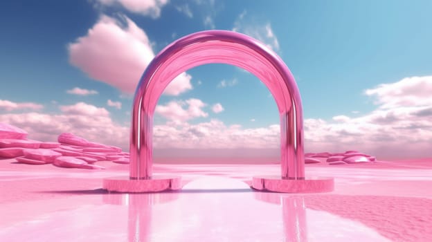 3d render Abstract aesthetic background. Surreal fantasy landscape. Water, pink desert, neon linear arch and chrome metallic gate under the blue sky with white clouds. Generative AI image weber.