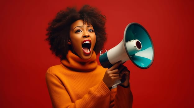 A black woman against a plain red background shouts into a megaphone and announces the start of the Black Friday sale.
