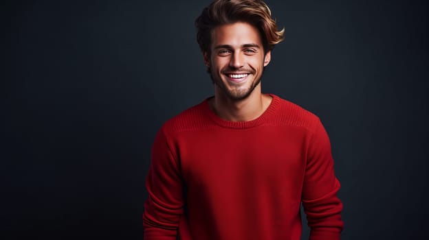 Strong smiling man in a red sweater on a dark background on the day of the Black Friday sale