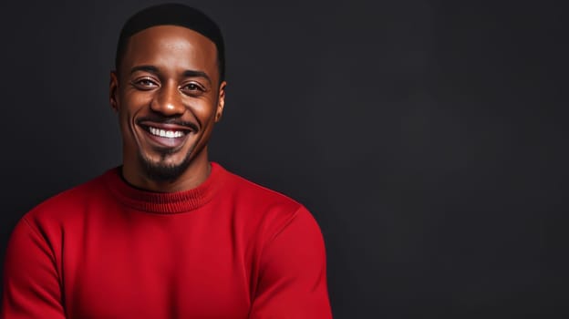 Strong black smiling African man in a red sweater on a dark background on the day of the Black Friday sale