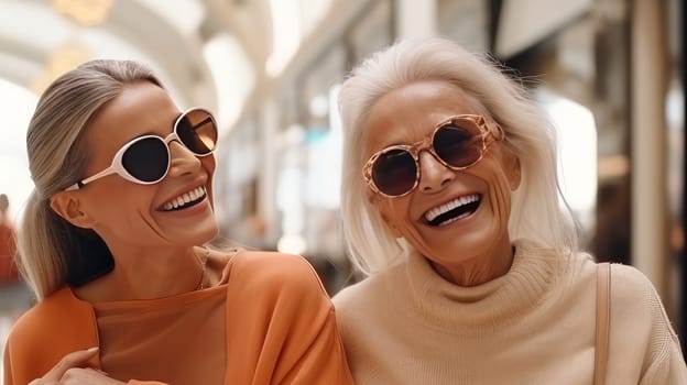Two happy and smiling adult pensioner friends are walking through boutiques and shopping centers and buying goods on the day of Black Friday sales