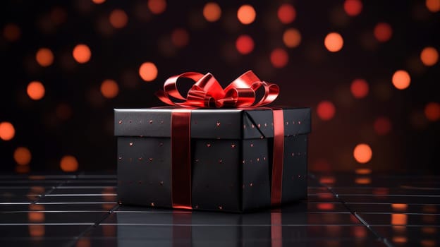 Black box with red ribbon on dark background with lights on black friday sale day.