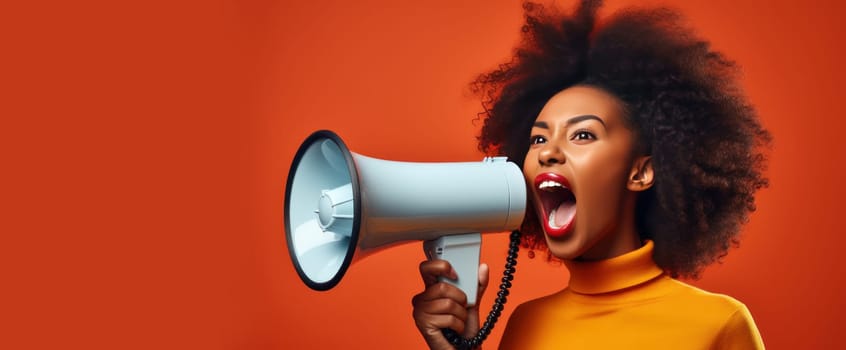 Black woman on a solid orange background shouts into a bullhorn and announces the start of Black Friday Sale Day. Banner.