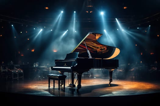 The piano is in the center of the stage in the light of the spotlights. Musical performance. Generated by artificial intelligence