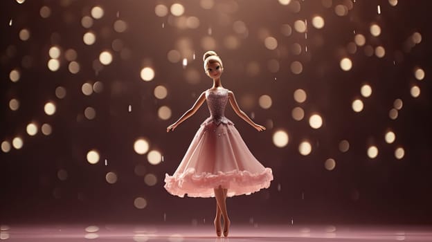 A barbie doll as a ballerina poised photo realistic illustration - Generative AI. Barbie, doll, ballerina, pink, dress.