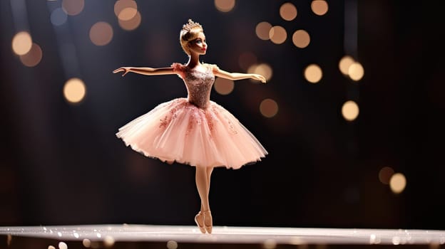 A barbie doll as a ballerina poised photo realistic illustration - Generative AI. Barbie, doll, ballerina, pink, dress.