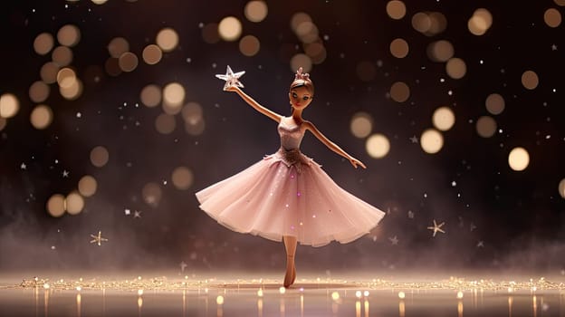 A barbie doll as a ballerina poised photo realistic illustration - Generative AI. Barbie, doll, ballerina, pink, dress.