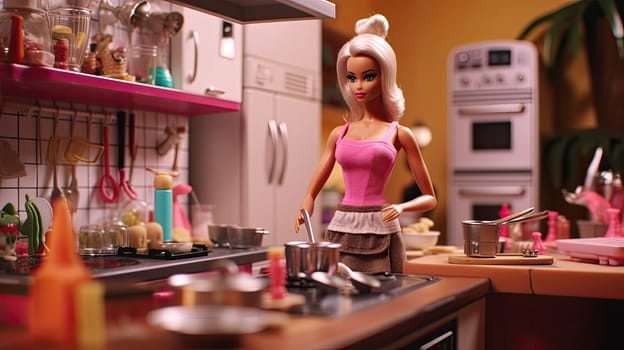 A barbie doll as a chef photo realistic illustration - Generative AI. Barbie, doll, chef, kitchen, apron.