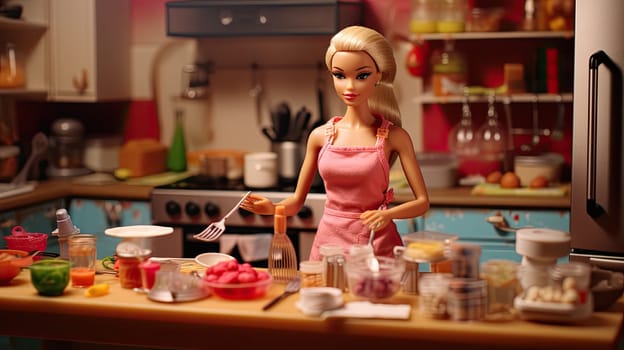 A barbie doll as a chef photo realistic illustration - Generative AI. Barbie, doll, chef, kitchen, apron.