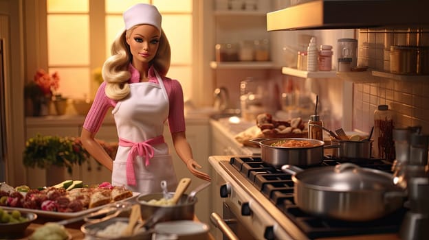A barbie doll as a chef photo realistic illustration - Generative AI. Barbie, doll, chef, kitchen, apron.