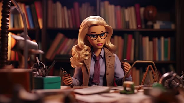 A barbie doll as a detective photo realistic illustration - Generative AI. Barbie, doll, detective, lamp, paper.