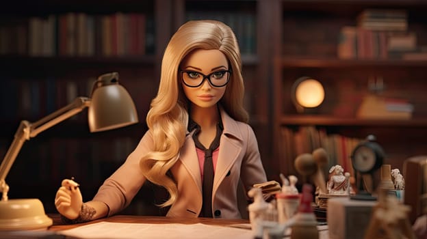 A barbie doll as a detective photo realistic illustration - Generative AI. Barbie, doll, detective, lamp, paper.