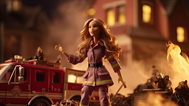 A barbie doll as a firefighter photo realistic illustration - Generative AI. Barbie, doll, firefighter, buildings, machine.