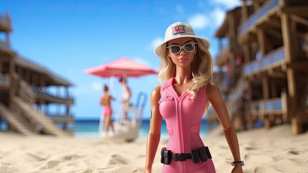 A barbie doll as a lifeguard patrolling photo realistic illustration - Generative AI. Barbie, doll, lifeguard, beach, sky.