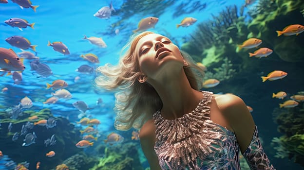 A barbie doll as a mermaid photo realistic illustration - Generative AI. Barbie, doll, mermaid, underwater, fish.