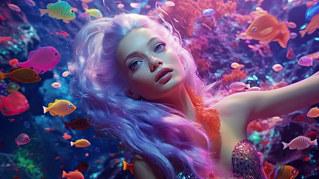 A barbie doll as a mermaid photo realistic illustration - Generative AI. Barbie, doll, mermaid, underwater, fish.