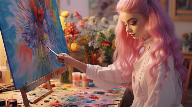 A barbie doll as a painter photo realistic illustration - Generative AI. Barbie, doll, painter, brush, picture.