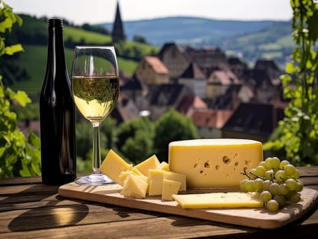 Board with cheeses, white wine in a glass and grapes. Still life of table for tasting cheese and wine, cozy romantic atmosphere, outdoor village panorama on a warm sunny day AI