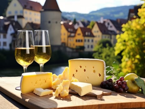 Board with cheeses, white wine in a glass and grapes. Still life of table for tasting cheese and wine, cozy romantic atmosphere, outdoor village panorama on a warm sunny day AI