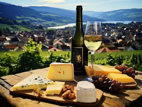 Board with cheeses, white wine in a glass and grapes. Still life of table for tasting cheese and wine, cozy romantic atmosphere, outdoor village panorama on a warm sunny day AI