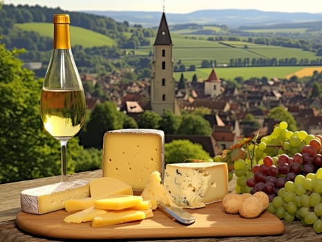 Board with cheeses, white wine in a glass and grapes. Still life of table for tasting cheese and wine, cozy romantic atmosphere, outdoor village panorama on a warm sunny day AI