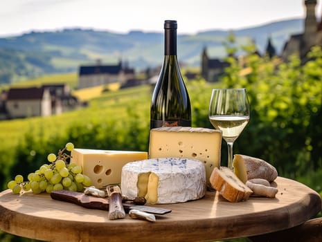 Board with cheeses, white wine in a glass and grapes. Still life of table for tasting cheese and wine, cozy romantic atmosphere, outdoor village panorama on a warm sunny day AI