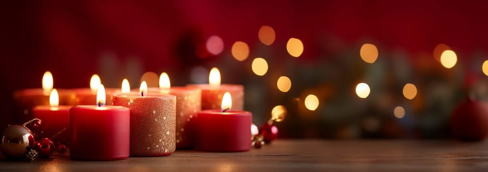 Christmas and New Year candles and ornaments with bokeh lights red background. Advent background and defocused lights copy space banner Merry Christmas and Happy New Year Space for text