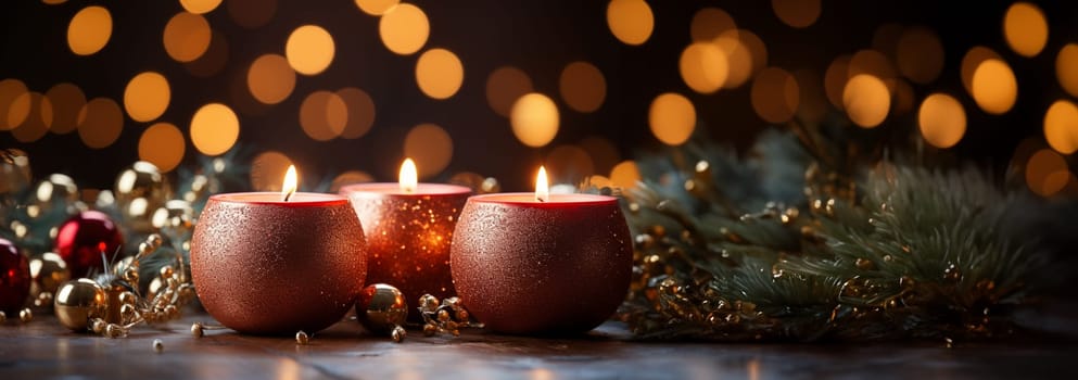 Christmas and New Year candles and ornaments with bokeh lights red background. Advent background and defocused lights copy space banner Merry Christmas and Happy New Year Space for text