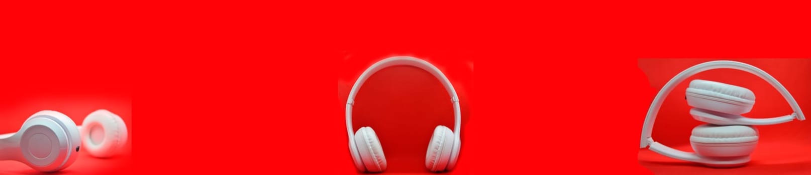 White headphones placed on a red background, used as a background image.