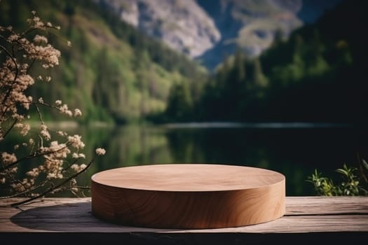 Table top wood counter floor podium in nature outdoors . Blurred green nature background. Natural product present placement pedestal stand display.