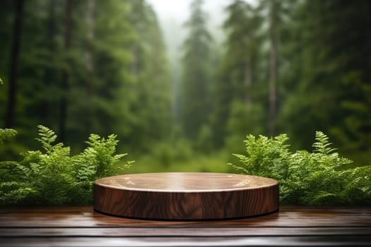 Table top wood counter floor podium in nature outdoors . Blurred green nature background. Natural product present placement pedestal stand display.